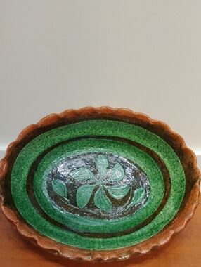 Handcrafted Green & Brown Redware Decorative Oval Bowl, Trinket Dish 7.5x6"